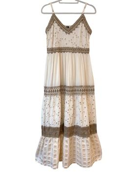 Me 2 Magic Anthropologie Boho Eyelet Tiered Maxi Dress Cotton Cream Sundress Lg